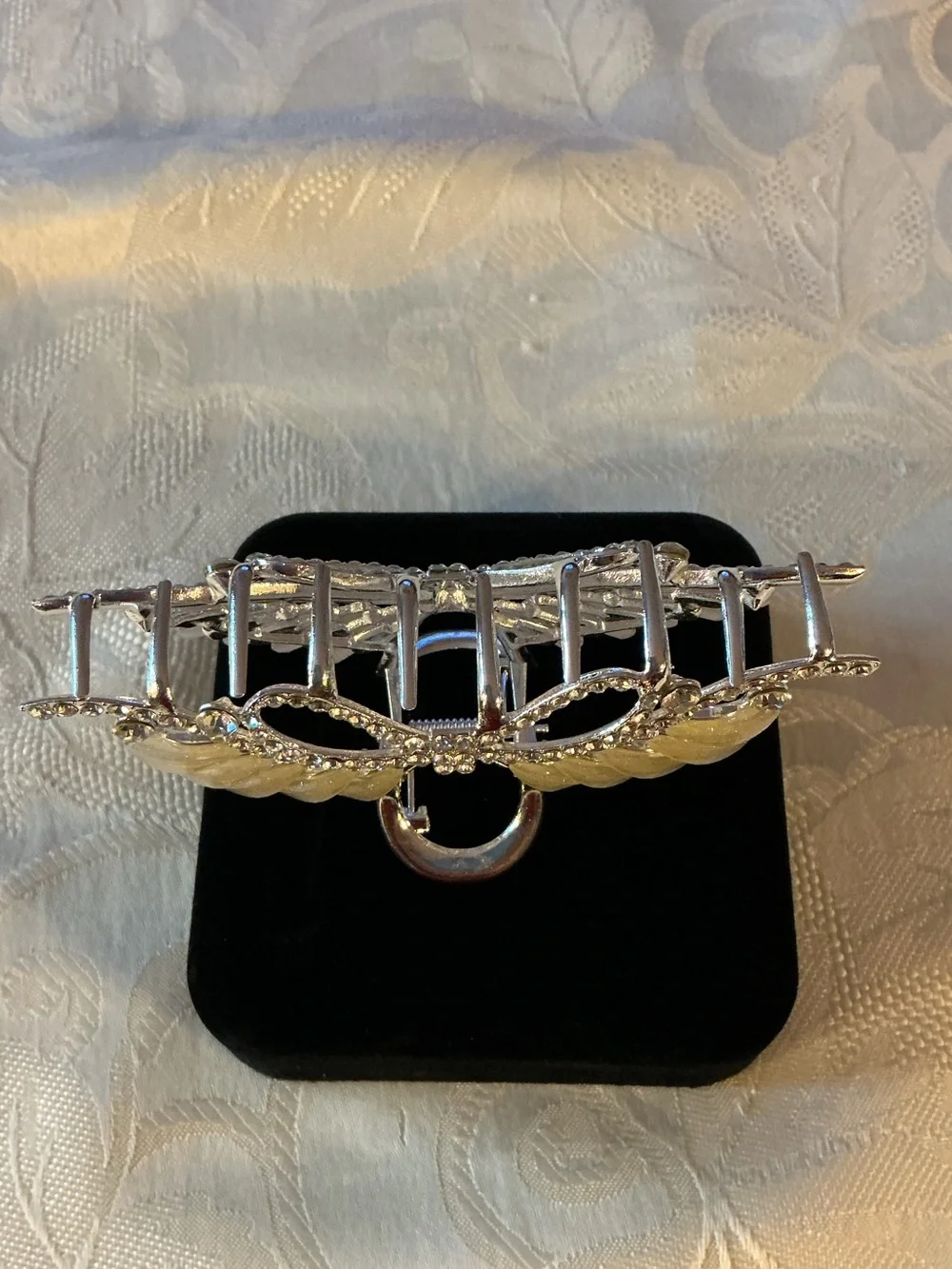 Pearlescent Acrylic and Rhinestone Silver Tone Decorative Claw Clip
